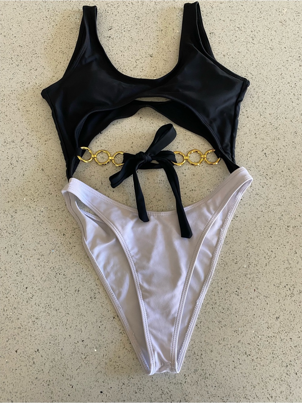 Two-Tone Cutout One-Piece Swimsuit with Gold Ring Detail - Black & White